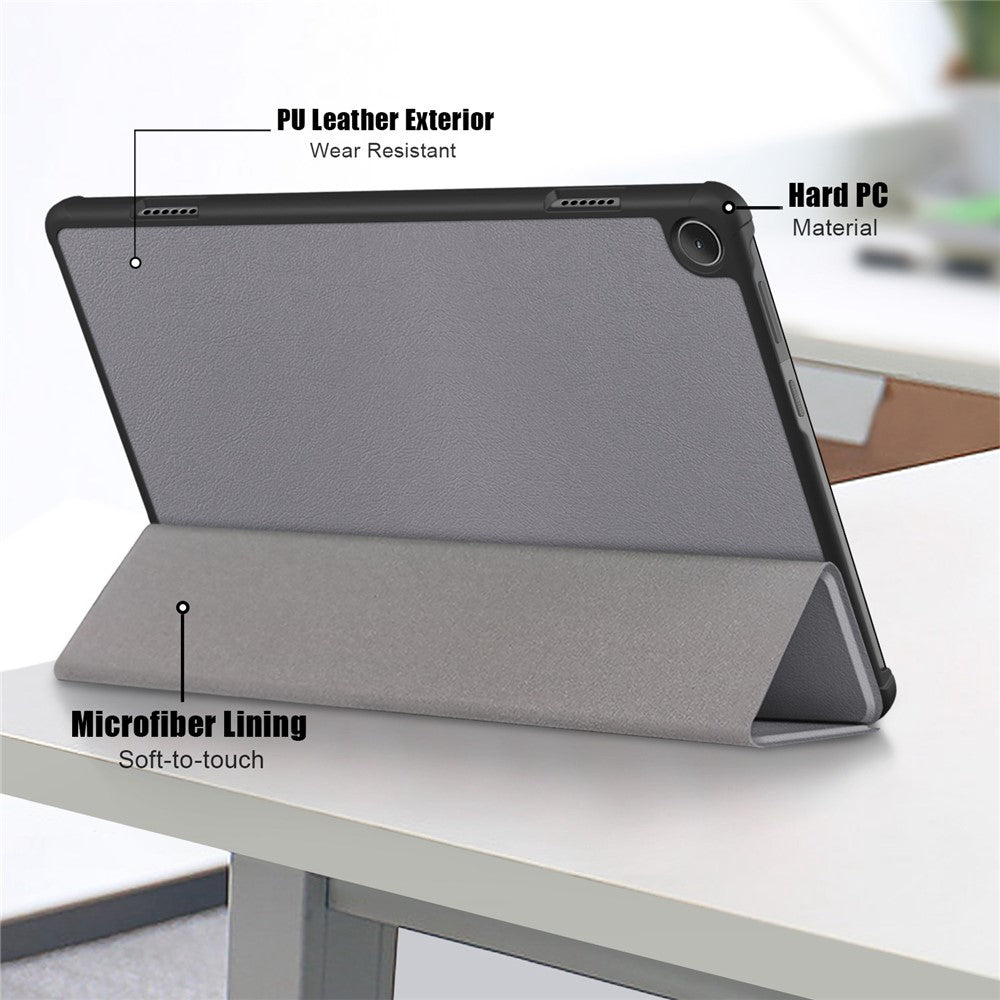 For Lenovo Tab M10 (Gen 3) 10.1-inch 328F Trifold Stand Tablet Case Microfiber Leather Auto Wake/Sleep Magnetic Closure Anti-scratch Protective Cover - Grey