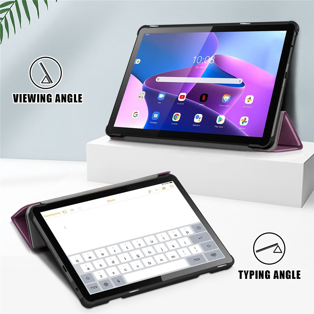 For Lenovo Tab M10 (Gen 3) 10.1-inch 328F Trifold Stand Tablet Case Microfiber Leather Auto Wake/Sleep Magnetic Closure Anti-scratch Protective Cover - Purple