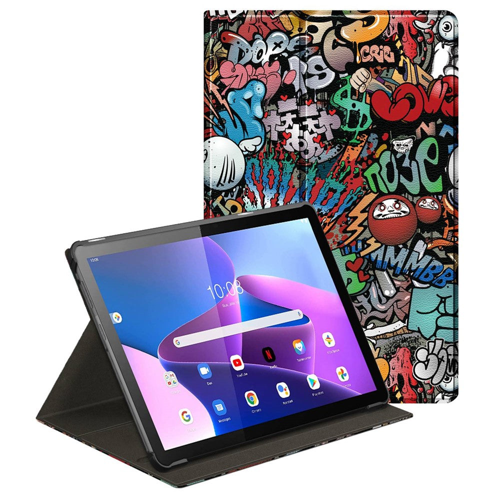 For Lenovo Tab M10 (Gen 3) 10.1 inch 328F 360-degree Rotary Stand Function Pattern Printing PU Leather Tablet Case with Auto Wake/Sleep - Graffiti