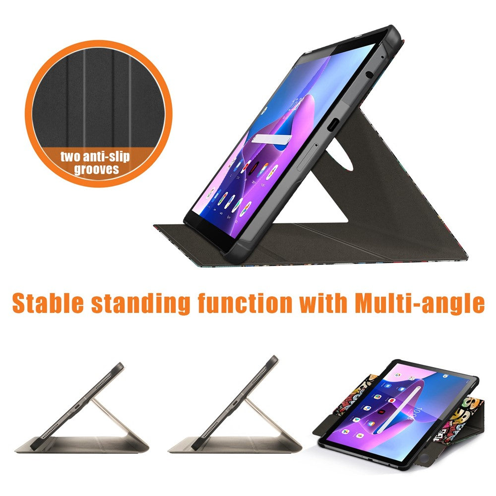 For Lenovo Tab M10 (Gen 3) 10.1 inch 328F 360-degree Rotary Stand Function Pattern Printing PU Leather Tablet Case with Auto Wake/Sleep - Graffiti