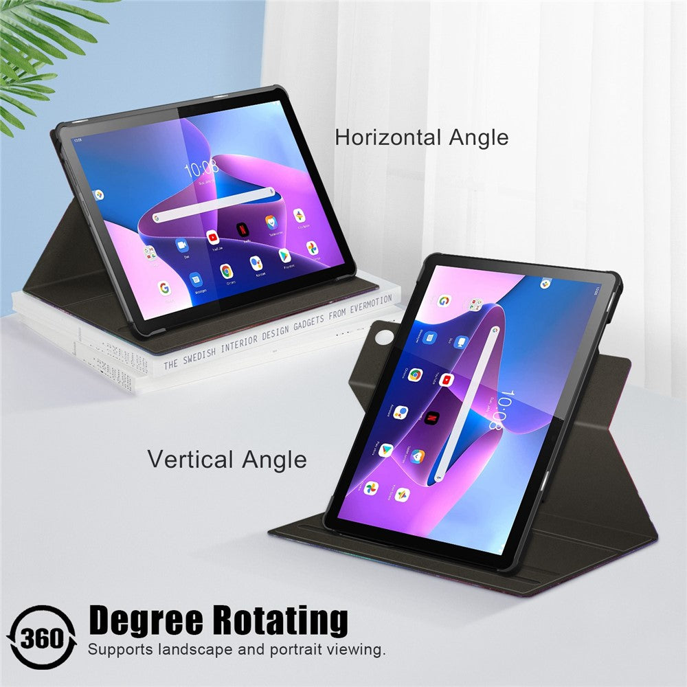 For Lenovo Tab M10 (Gen 3) 10.1 inch 328F 360-degree Rotary Stand Function Pattern Printing PU Leather Tablet Case with Auto Wake/Sleep - Galaxy