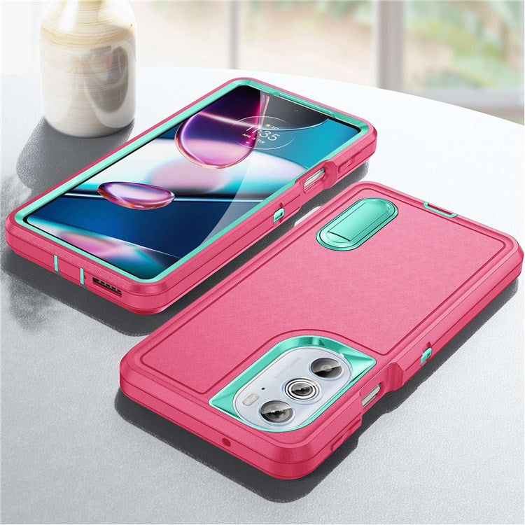 For Motorola Edge 30 Pro (Motorola Edge+ (2022)) Defender Series Hard PC + Soft TPU Kickstand Case Anti-drop Phone Cover - Rose/Light Cyan