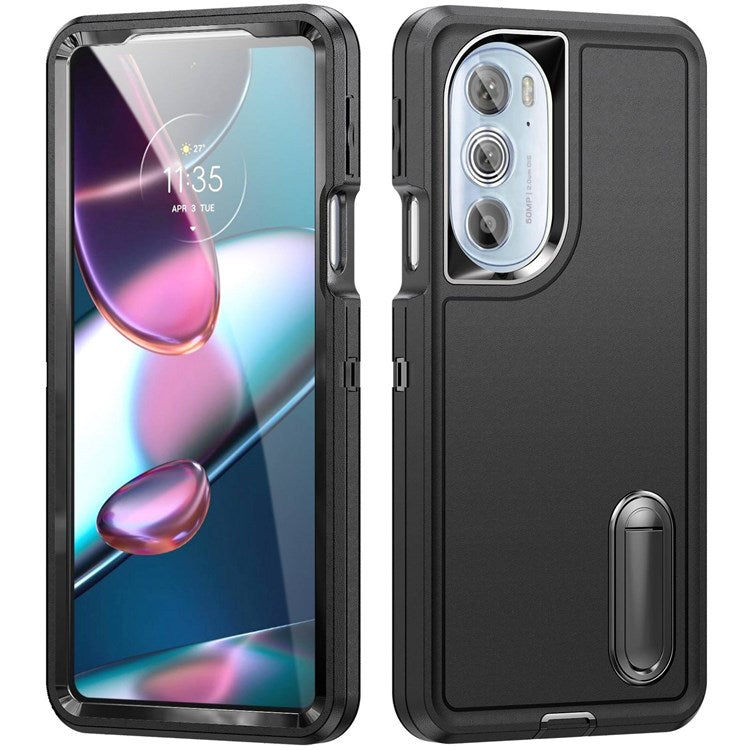For Motorola Edge 30 Pro (Motorola Edge+ (2022)) Defender Series Hard PC + Soft TPU Kickstand Case Anti-drop Phone Cover - Black/Black