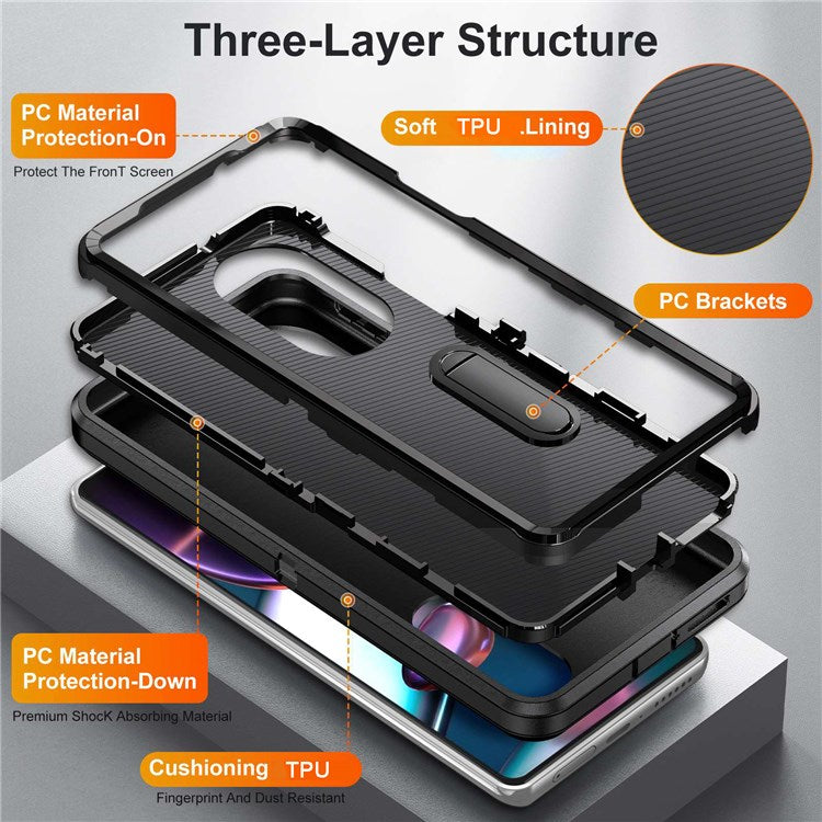 For Motorola Edge 30 Pro (Motorola Edge+ (2022)) Defender Series Hard PC + Soft TPU Kickstand Case Anti-drop Phone Cover - Black/Black