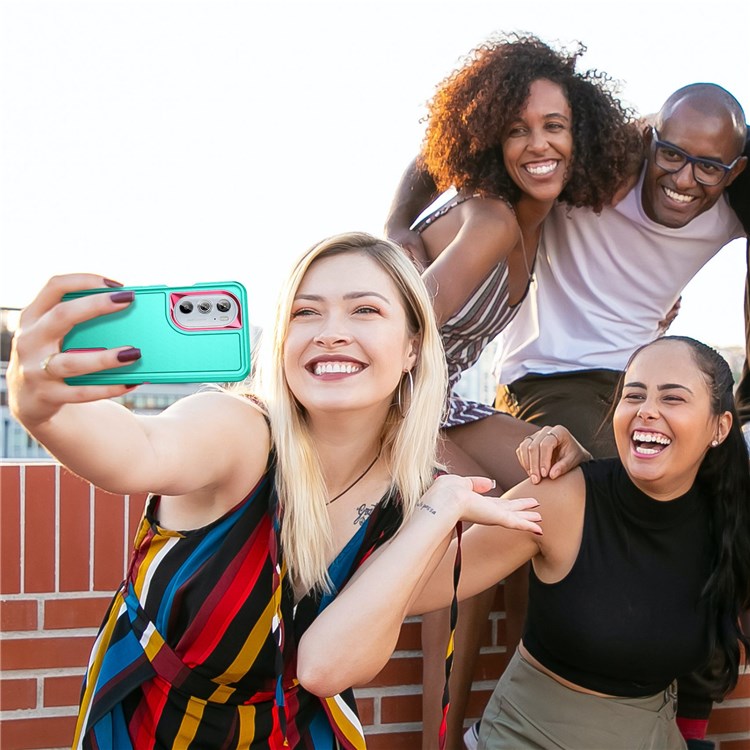 For Motorola Edge 30 Pro (Motorola Edge+ (2022)) Defender Series Hard PC + Soft TPU Kickstand Case Anti-drop Phone Cover - Light Cyan/Rose