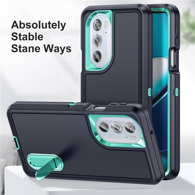 For Motorola Edge 30 Pro (Motorola Edge+ (2022)) Defender Series Hard PC + Soft TPU Kickstand Case Anti-drop Phone Cover - Dark Blue/Light Cyan