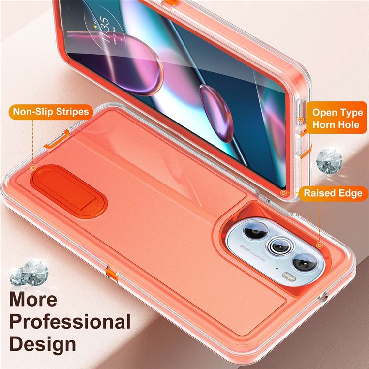 For Motorola Edge 30 Pro (Motorola Edge+ (2022)) Defender Series Hard PC + Soft TPU Kickstand Case Anti-drop Phone Cover - Transparent/Orange