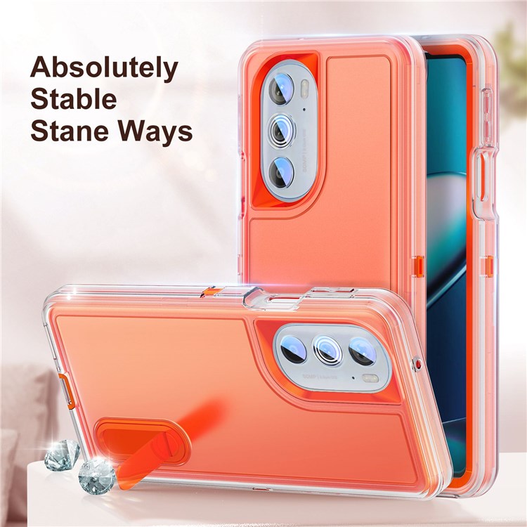 For Motorola Edge 30 Pro (Motorola Edge+ (2022)) Defender Series Hard PC + Soft TPU Kickstand Case Anti-drop Phone Cover - Transparent/Orange