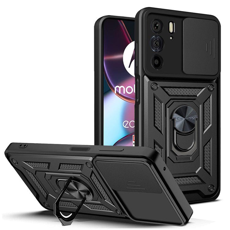 For Motorola Edge X30 / Edge 30 Pro (Motorola Edge+ (2022)) Anti-scratch Slide Camera Cover Hard PC + TPU Ring Kickstand Case Anti-drop Phone Shell - Black