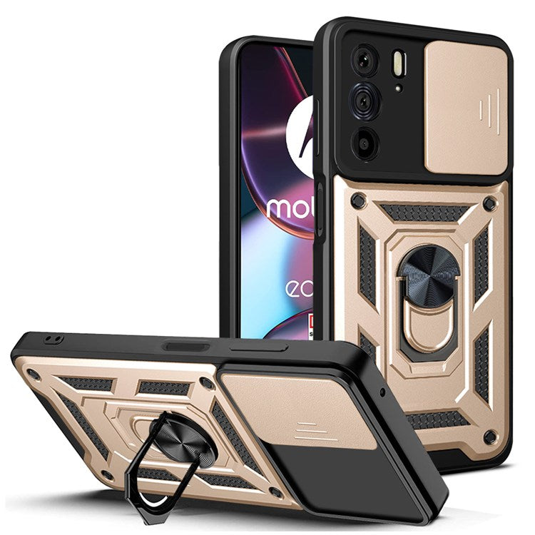 For Motorola Edge X30 / Edge 30 Pro (Motorola Edge+ (2022)) Anti-scratch Slide Camera Cover Hard PC + TPU Ring Kickstand Case Anti-drop Phone Shell - Gold