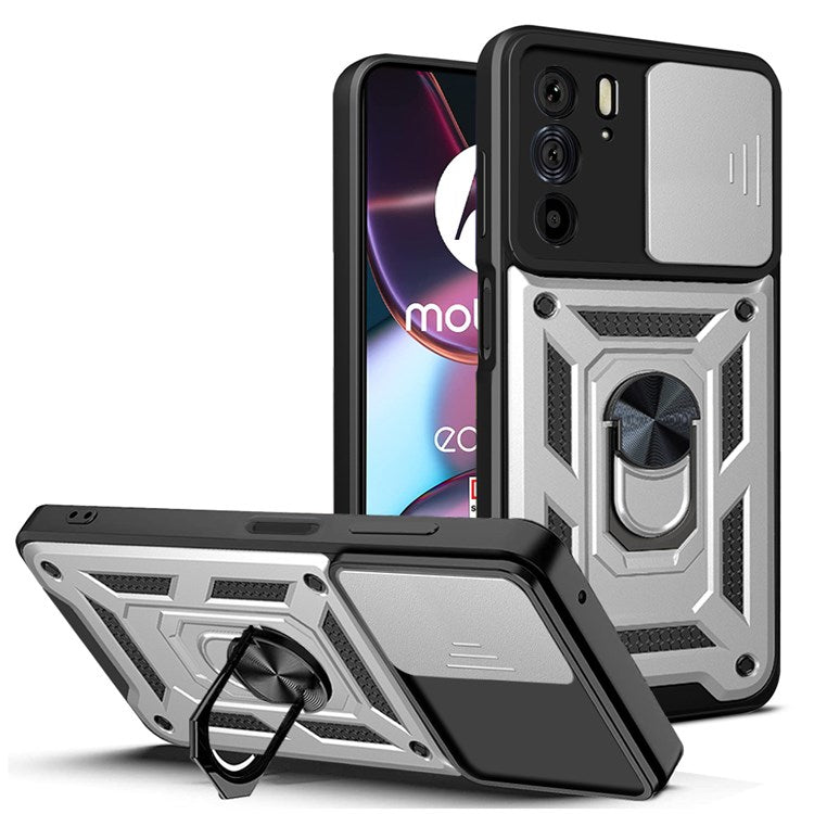 For Motorola Edge X30 / Edge 30 Pro (Motorola Edge+ (2022)) Anti-scratch Slide Camera Cover Hard PC + TPU Ring Kickstand Case Anti-drop Phone Shell - Silver