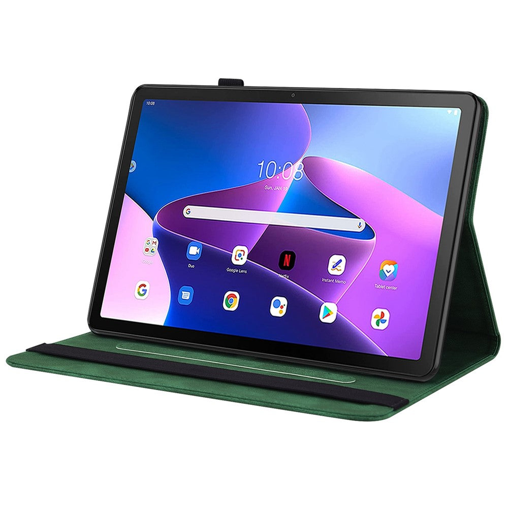 Butterfly Flower Imprinted Tablet Case for Lenovo Tab M10 (Gen 3), PU Leather Stand Card Holder Protective Cover - Green