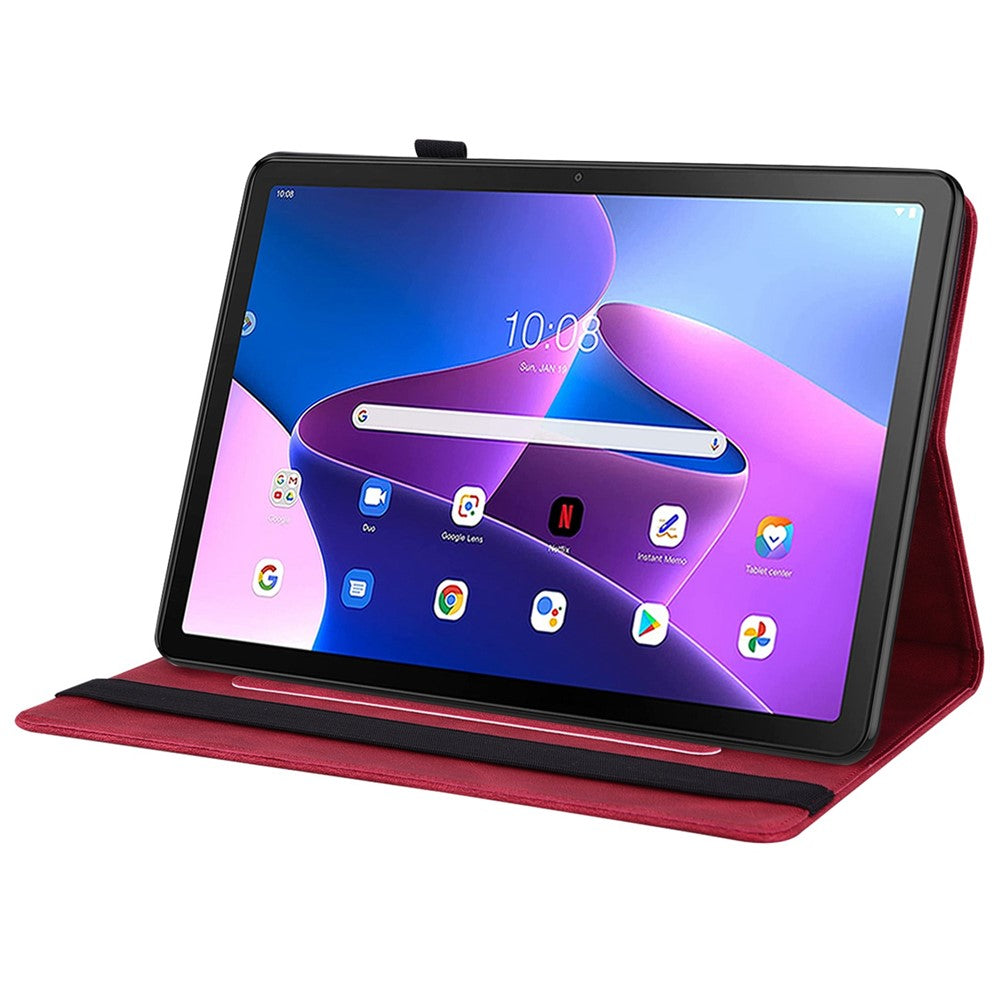 Butterfly Flower Imprinted Tablet Case for Lenovo Tab M10 (Gen 3), PU Leather Stand Card Holder Protective Cover - Red