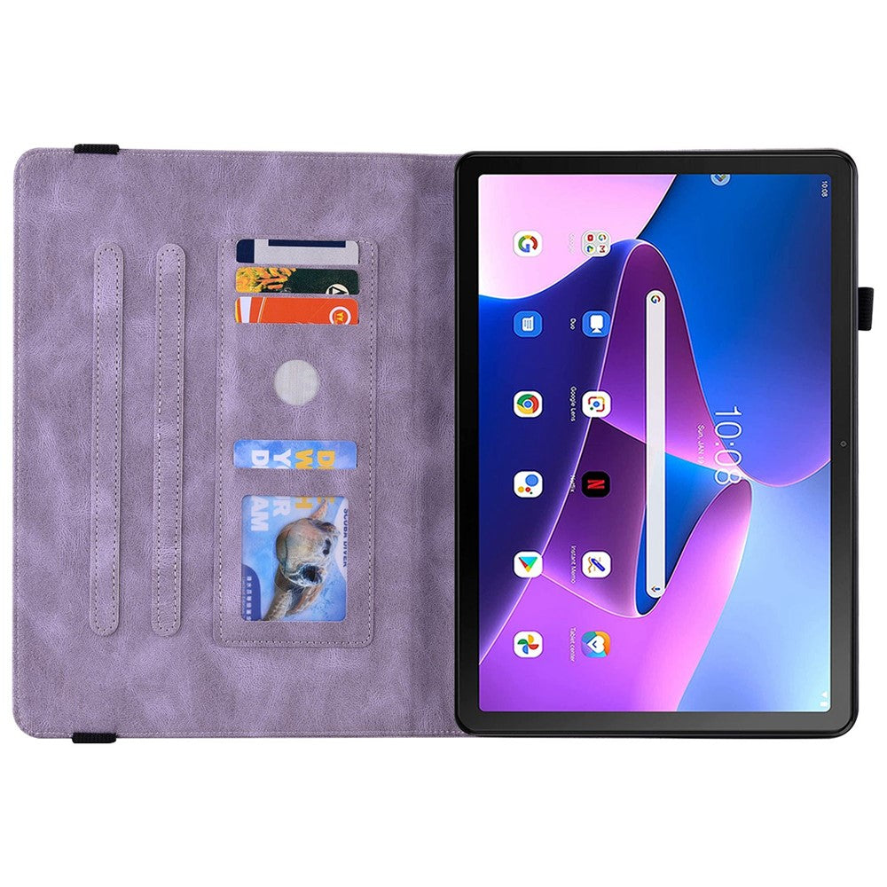 Butterfly Flower Imprinted Tablet Case for Lenovo Tab M10 (Gen 3), PU Leather Stand Card Holder Protective Cover - Purple