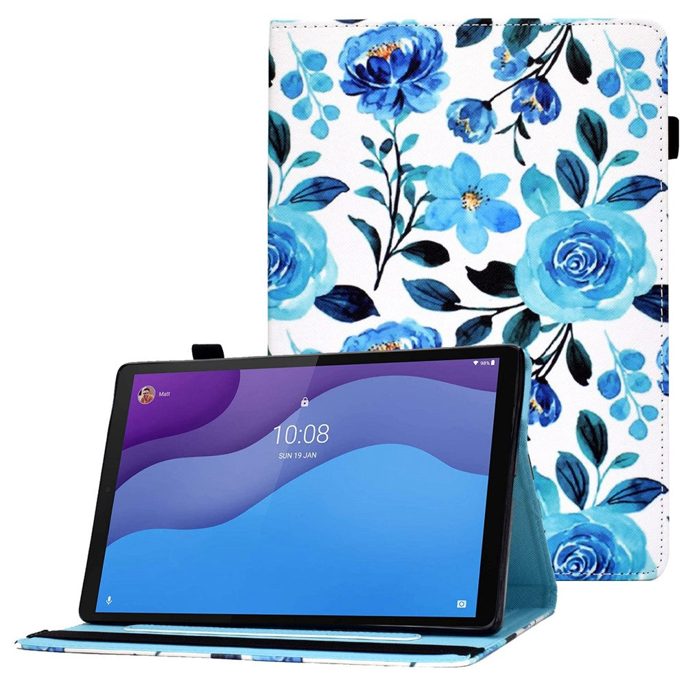 For Lenovo Tab M10 (Gen 3) TB-328FU / TB-328XU Pattern Printing Leather Stand Protective Case Card Slots Smart Cover with Elastic Band and Pencil Holder - Blue Rose