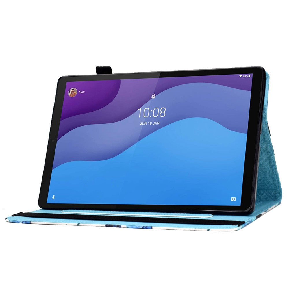 For Lenovo Tab M10 (Gen 3) TB-328FU / TB-328XU Pattern Printing Leather Stand Protective Case Card Slots Smart Cover with Elastic Band and Pencil Holder - Blue Rose