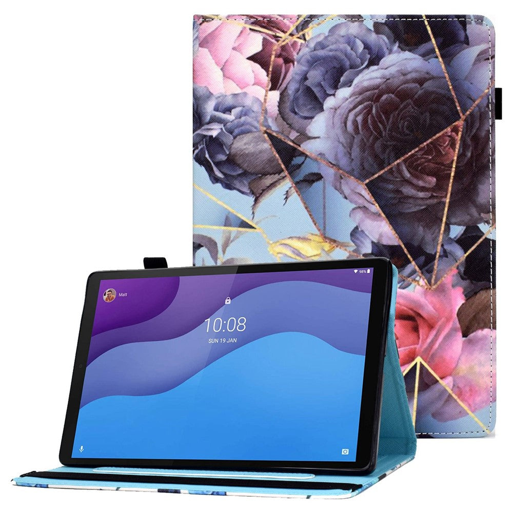 For Lenovo Tab M10 (Gen 3) TB-328FU / TB-328XU Pattern Printing Leather Stand Protective Case Card Slots Smart Cover with Elastic Band and Pencil Holder - Pink Rose
