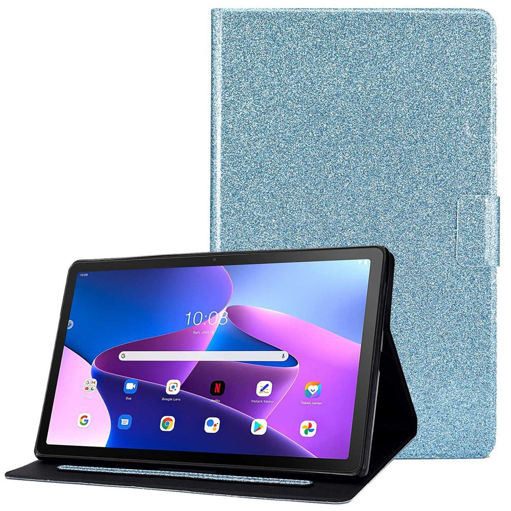 Glittery PU Leather Tablet Case for Lenovo Tab M10 (Gen 3) TB-328FU / TB-328XU, Full Protection Magnetic Clasp Protective Cover with Stand Card Holder - Blue