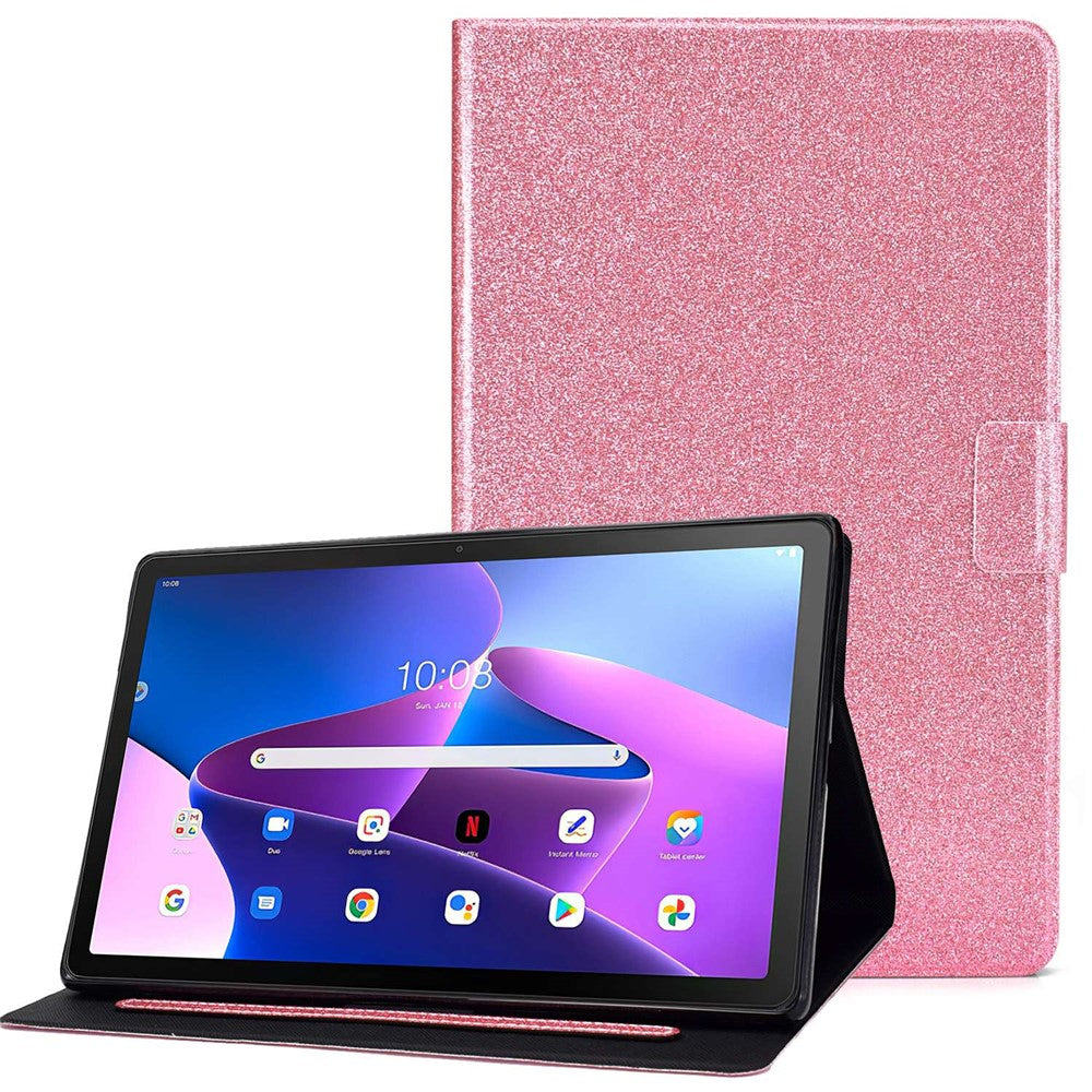 Glittery PU Leather Tablet Case for Lenovo Tab M10 (Gen 3) TB-328FU / TB-328XU, Full Protection Magnetic Clasp Protective Cover with Stand Card Holder - Pink