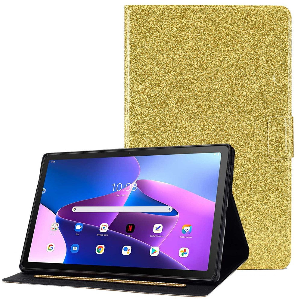 Glittery PU Leather Tablet Case for Lenovo Tab M10 (Gen 3) TB-328FU / TB-328XU, Full Protection Magnetic Clasp Protective Cover with Stand Card Holder - Gold