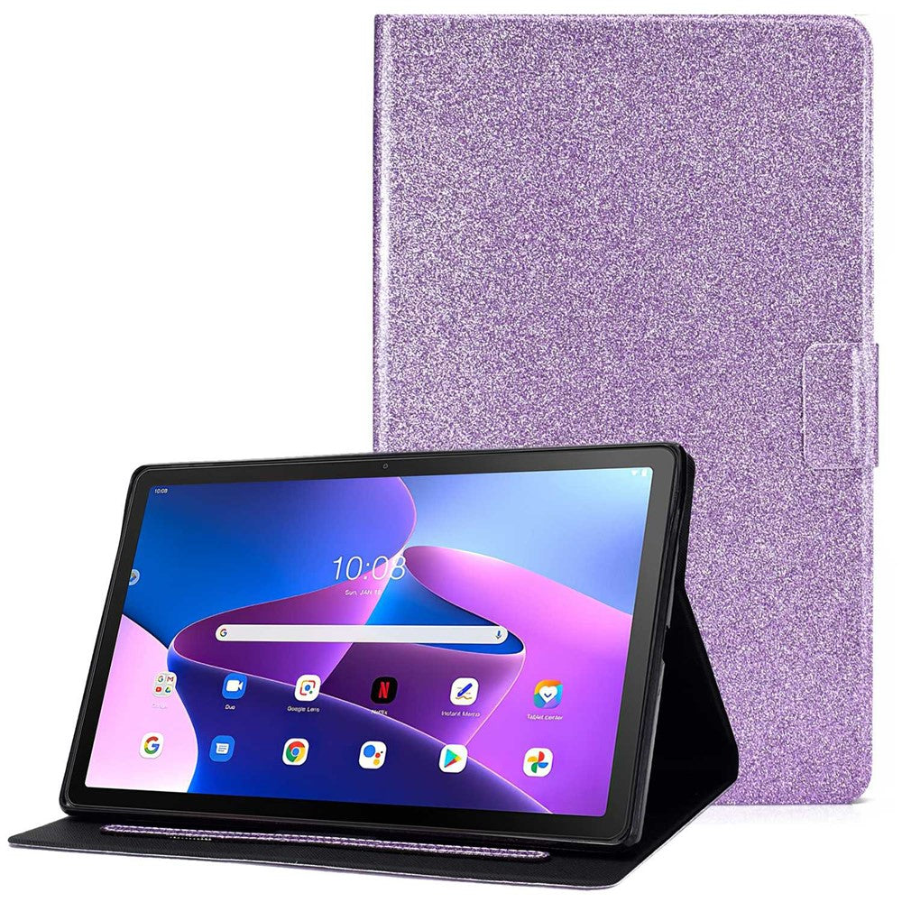 Glittery PU Leather Tablet Case for Lenovo Tab M10 (Gen 3) TB-328FU / TB-328XU, Full Protection Magnetic Clasp Protective Cover with Stand Card Holder - Purple