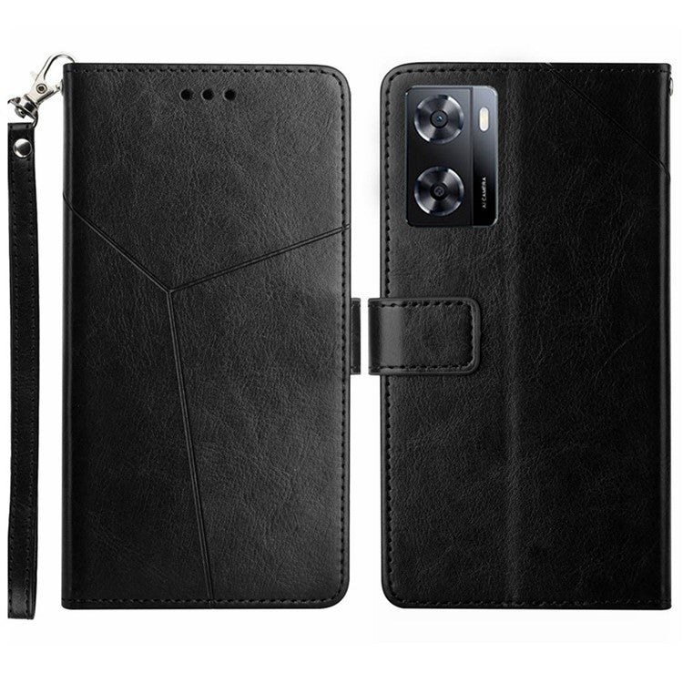 Shockproof Phone Case For Oppo A57 4G / A57s 4G / A57 (2022) 5G / A77 5G / 4G / Realme Narzo 50 5G, HT01 Wallet Stand Imprinted Y-Shaped Lines PU Leather Cover with Strap - Black