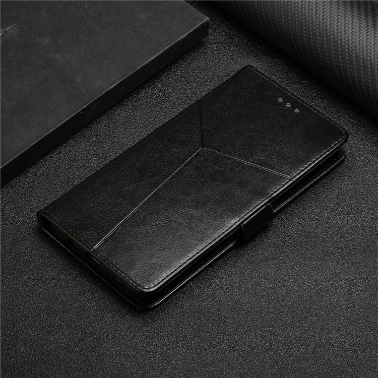 Shockproof Phone Case For Oppo A57 4G / A57s 4G / A57 (2022) 5G / A77 5G / 4G / Realme Narzo 50 5G, HT01 Wallet Stand Imprinted Y-Shaped Lines PU Leather Cover with Strap - Black