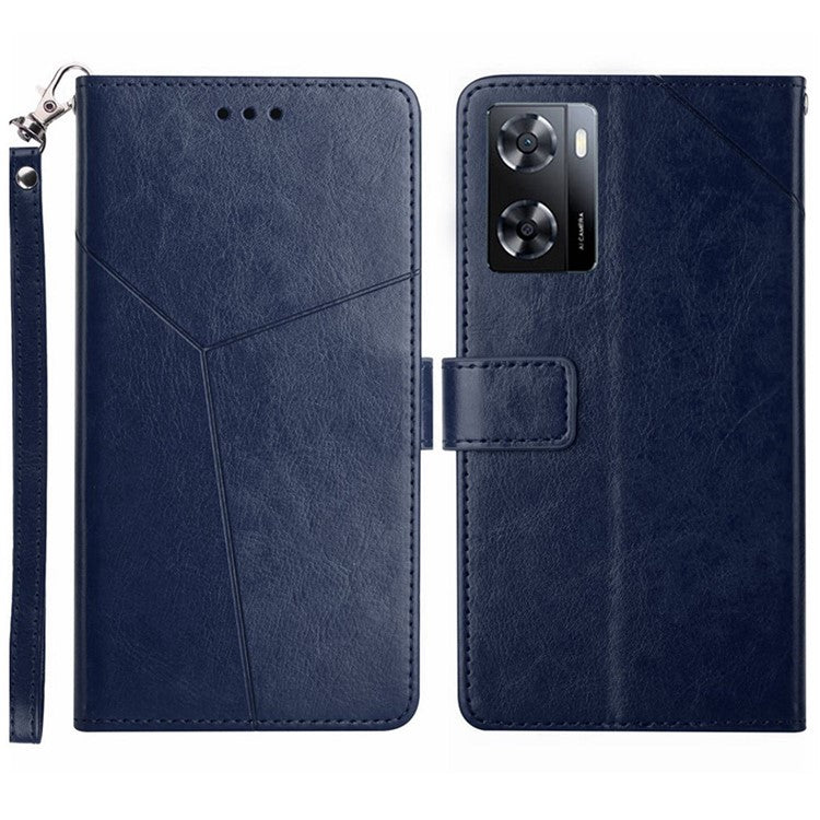 Shockproof Phone Case For Oppo A57 4G / A57s 4G / A57 (2022) 5G / A77 5G / 4G / Realme Narzo 50 5G, HT01 Wallet Stand Imprinted Y-Shaped Lines PU Leather Cover with Strap - Blue