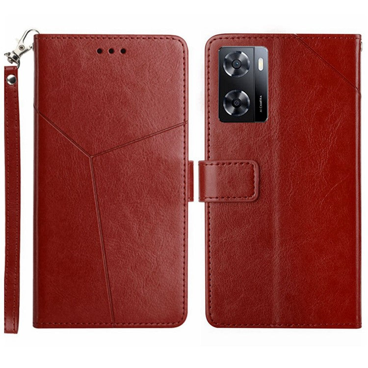 Shockproof Phone Case For Oppo A57 4G / A57s 4G / A57 (2022) 5G / A77 5G / 4G / Realme Narzo 50 5G, HT01 Wallet Stand Imprinted Y-Shaped Lines PU Leather Cover with Strap - Brown