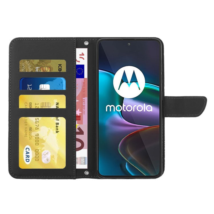 For Motorola Edge 30 Neo 5G Skin-touch PU Leather Stand Wallet Case Butterfly Flowers Imprinting Phone Cover with Shoulder Strap - Black