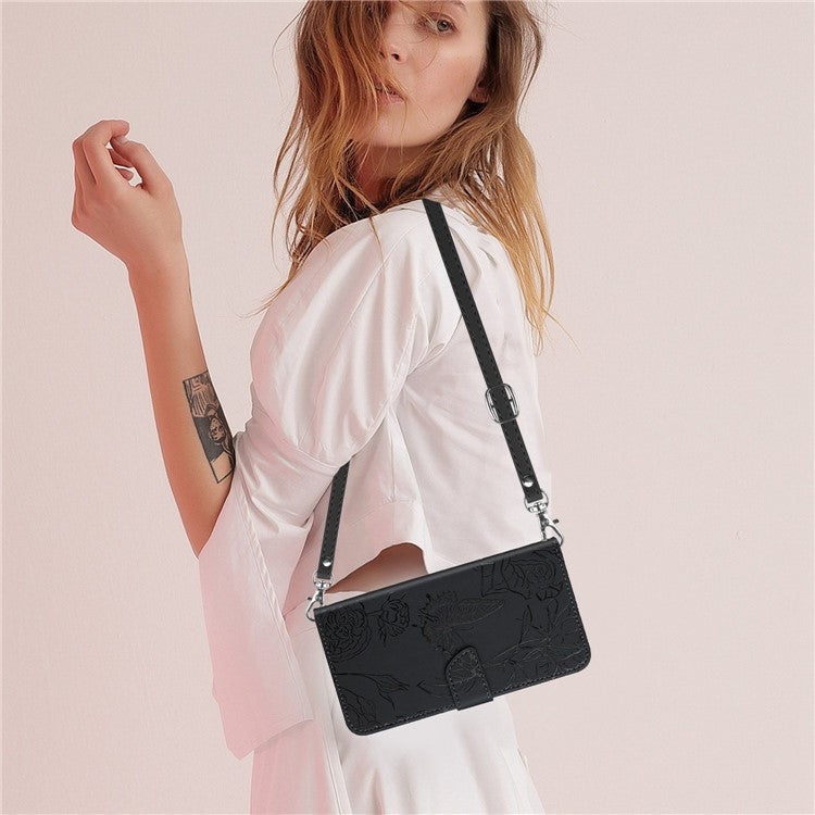 For Motorola Edge 30 Neo 5G Skin-touch PU Leather Stand Wallet Case Butterfly Flowers Imprinting Phone Cover with Shoulder Strap - Black