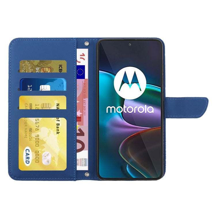 For Motorola Edge 30 Neo 5G Skin-touch PU Leather Stand Wallet Case Butterfly Flowers Imprinting Phone Cover with Shoulder Strap - Blue