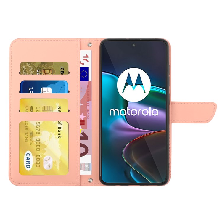 For Motorola Edge 30 Neo 5G Skin-touch PU Leather Stand Wallet Case Butterfly Flowers Imprinting Phone Cover with Shoulder Strap - Pink