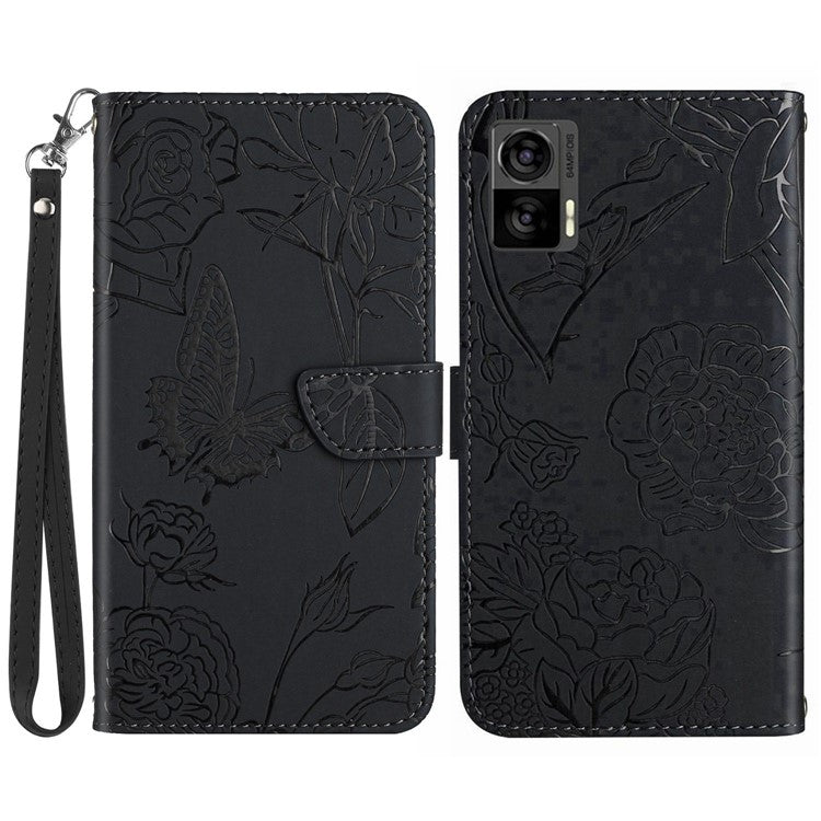 For Motorola Edge 30 Neo 5G PU Leather Skin-touch Butterfly Flowers Imprinting Magnetic Clasp Case Phone Wallet Stand Cover with Hand Strap - Black