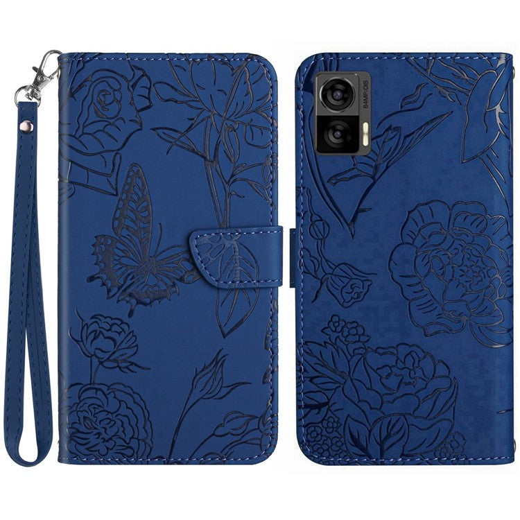 For Motorola Edge 30 Neo 5G PU Leather Skin-touch Butterfly Flowers Imprinting Magnetic Clasp Case Phone Wallet Stand Cover with Hand Strap - Blue