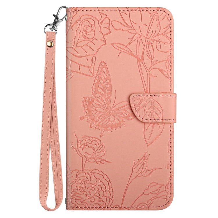 For Motorola Edge 30 Neo 5G PU Leather Skin-touch Butterfly Flowers Imprinting Magnetic Clasp Case Phone Wallet Stand Cover with Hand Strap - Pink