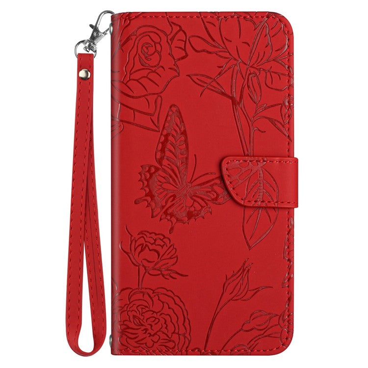 For Motorola Edge 30 Neo 5G PU Leather Skin-touch Butterfly Flowers Imprinting Magnetic Clasp Case Phone Wallet Stand Cover with Hand Strap - Red
