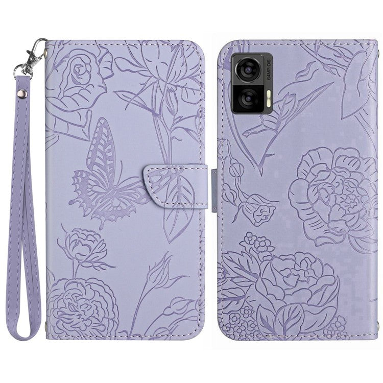 For Motorola Edge 30 Neo 5G PU Leather Skin-touch Butterfly Flowers Imprinting Magnetic Clasp Case Phone Wallet Stand Cover with Hand Strap - Light Purple