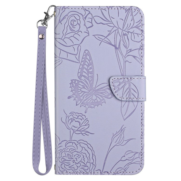 For Motorola Edge 30 Neo 5G PU Leather Skin-touch Butterfly Flowers Imprinting Magnetic Clasp Case Phone Wallet Stand Cover with Hand Strap - Light Purple