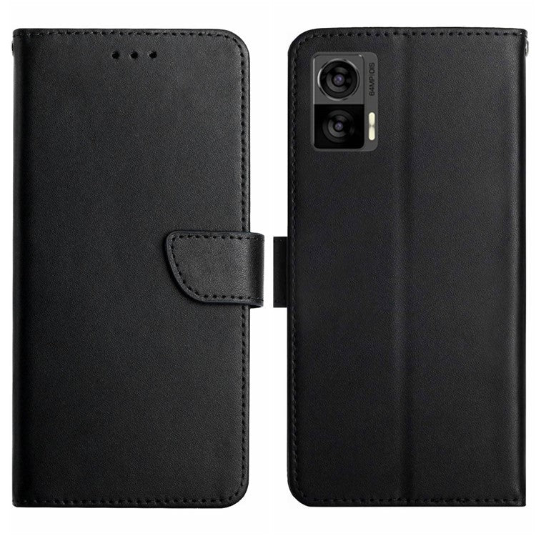 HT02 For Motorola Edge 30 Neo 5G Nappa Texture Genuine Leather Protective Case Wallet Stand Full Protection Phone Cover - Black