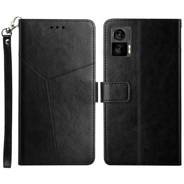 For Motorola Edge 30 Neo 5G PU Leather Phone Case Imprinted Y-Shaped Lines Wallet Magnetic Clasp Stand Cover - Black
