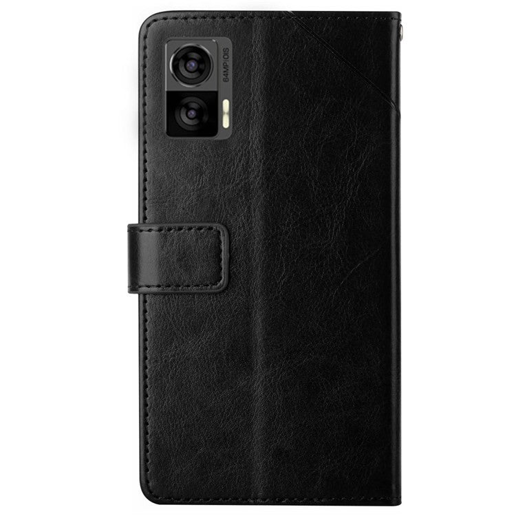 For Motorola Edge 30 Neo 5G PU Leather Phone Case Imprinted Y-Shaped Lines Wallet Magnetic Clasp Stand Cover - Black