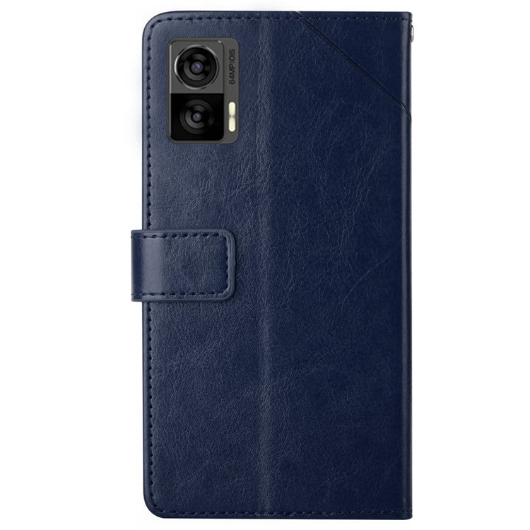 For Motorola Edge 30 Neo 5G PU Leather Phone Case Imprinted Y-Shaped Lines Wallet Magnetic Clasp Stand Cover - Blue