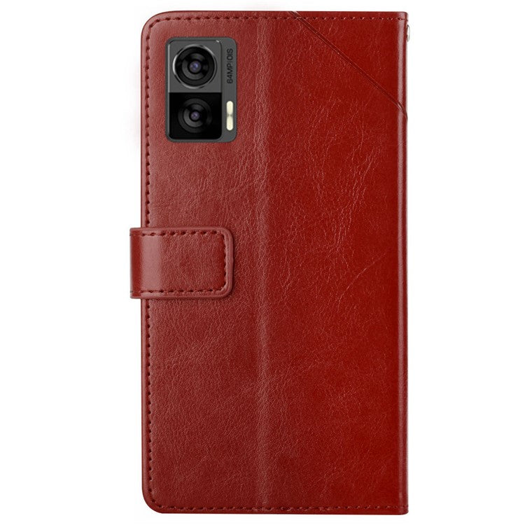 For Motorola Edge 30 Neo 5G PU Leather Phone Case Imprinted Y-Shaped Lines Wallet Magnetic Clasp Stand Cover - Brown
