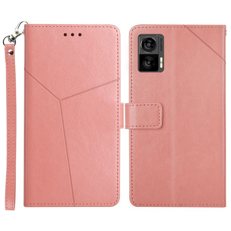 For Motorola Edge 30 Neo 5G PU Leather Phone Case Imprinted Y-Shaped Lines Wallet Magnetic Clasp Stand Cover - Pink