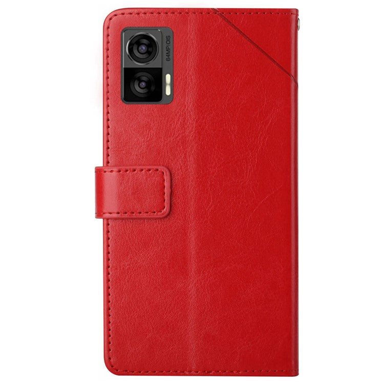For Motorola Edge 30 Neo 5G PU Leather Phone Case Imprinted Y-Shaped Lines Wallet Magnetic Clasp Stand Cover - Red