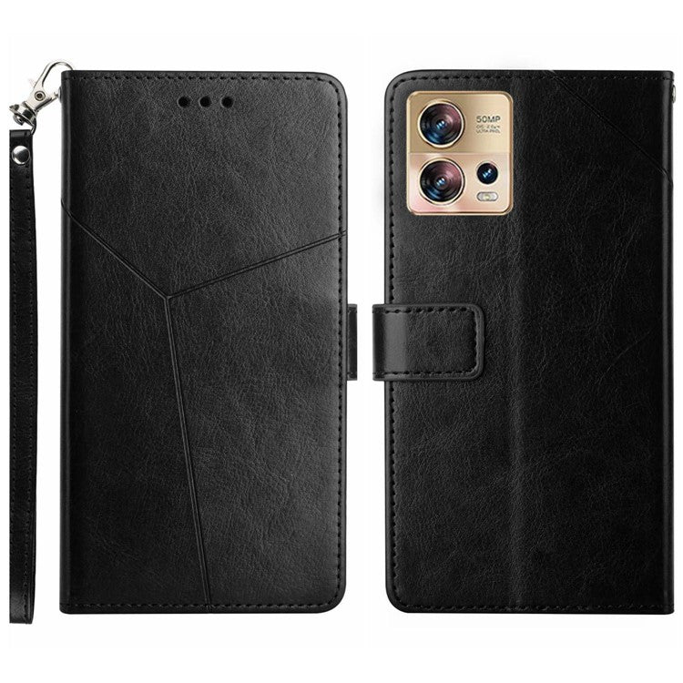 HT01 Phone Case for Motorola Edge 30 Fusion 5G, Imprinted Y-Shaped Lines PU Leather Wallet Phone Stand Cover with Strap - Black