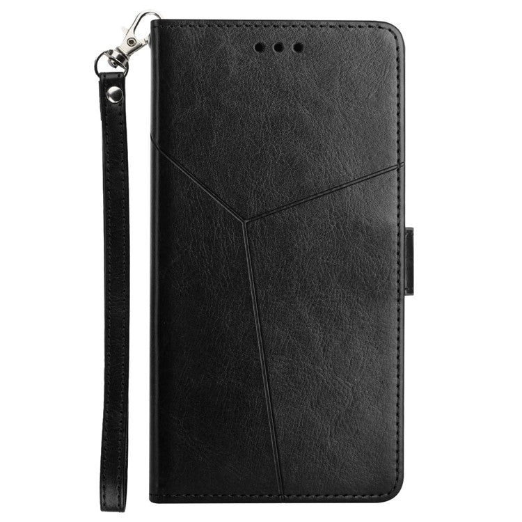 HT01 Phone Case for Motorola Edge 30 Fusion 5G, Imprinted Y-Shaped Lines PU Leather Wallet Phone Stand Cover with Strap - Black