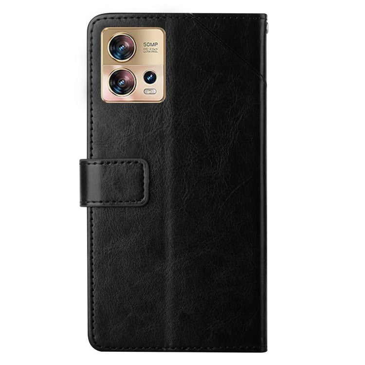 HT01 Phone Case for Motorola Edge 30 Fusion 5G, Imprinted Y-Shaped Lines PU Leather Wallet Phone Stand Cover with Strap - Black