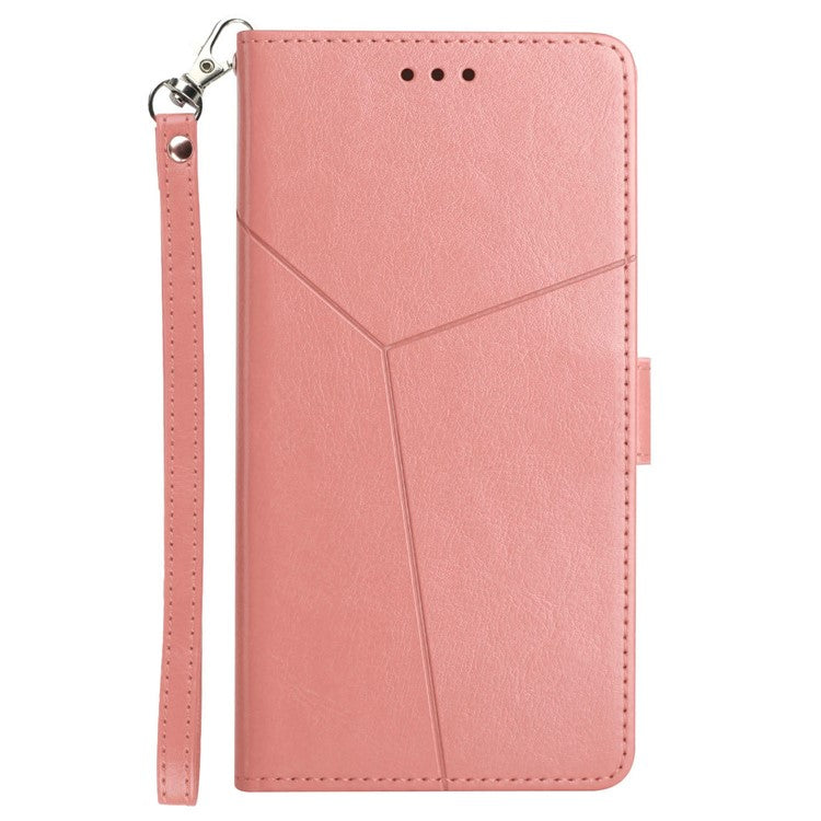 HT01 Phone Case for Motorola Edge 30 Fusion 5G, Imprinted Y-Shaped Lines PU Leather Wallet Phone Stand Cover with Strap - Pink